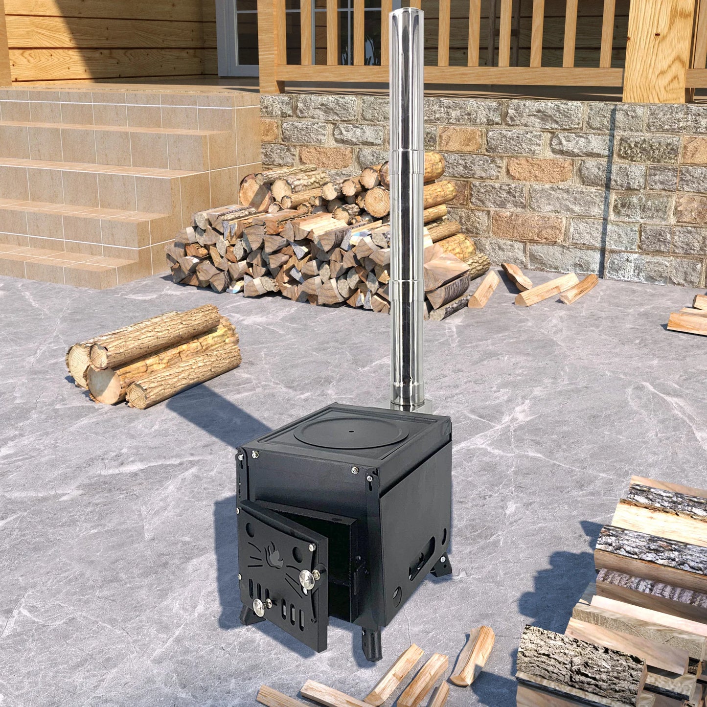 Portable Camping Tent Wood Burning Stove Ultralight Wood Stove With Chimney Pipes Multifunction Hiking Cooking Firewood Stove