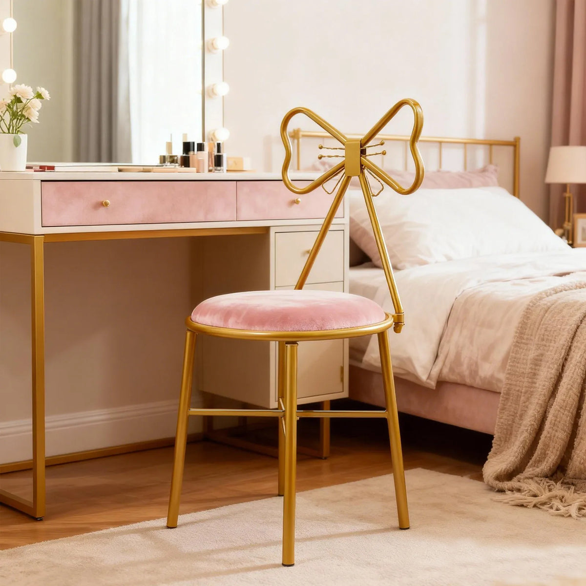 Pink Butterfly Back Flannelette Vanity Stool Makeup Chair for Bedroom Dresser