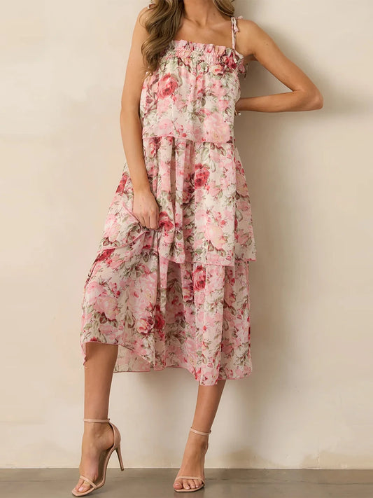Women s Boho Floral Print Sleeveless Maxi Dress with V-Neckline and Tiered Ruffle Hem for Summer Beach Vacation