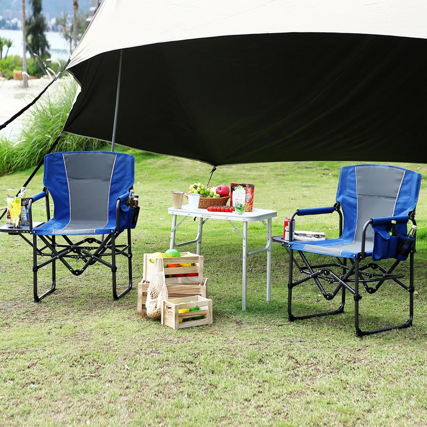 1 Pack / 2 Pack Oversized Heavy Duty Folding Directors Chair for Adults, 400 Lbs Capacity Portable Camping Chair with Side Table, Cup Holder & Side Pocket, Lawn Chairs for Camping, Beach, Garden, RV
