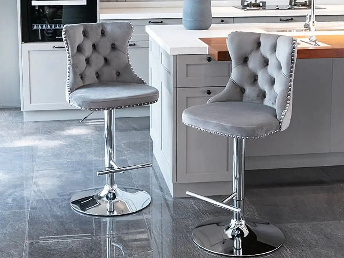 Gray Velvet Bar Stools Set of 2 - Adjustable Swivel Counter Height Chairs with Tufted Back and Nailhead Trim for Kitchen Island