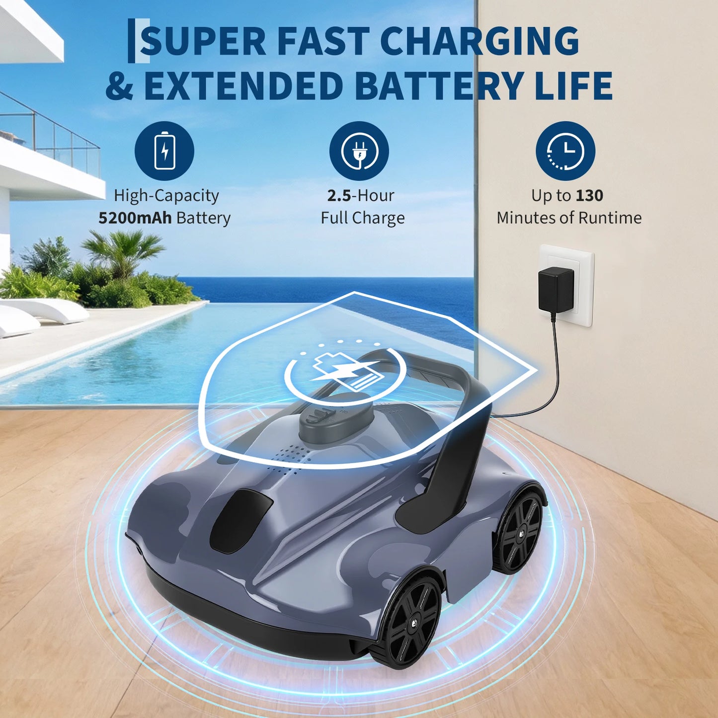 Cordless Robotic Pool Suction Cleaner – 130-Min Runtime, Powerful 5200mAh Battery, Self-Parking, Efficient Filtration, Lightweight & Portable Automatic Sweeper For Pools up to 860 Sq.Ft