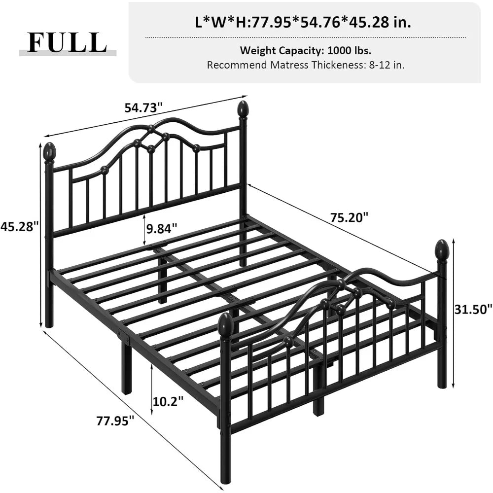 Full Metal Bed Frame with Classical Headboard and Footboard, Platform Bed Frame with Sturdy Metal Slats Support, Adequate Under