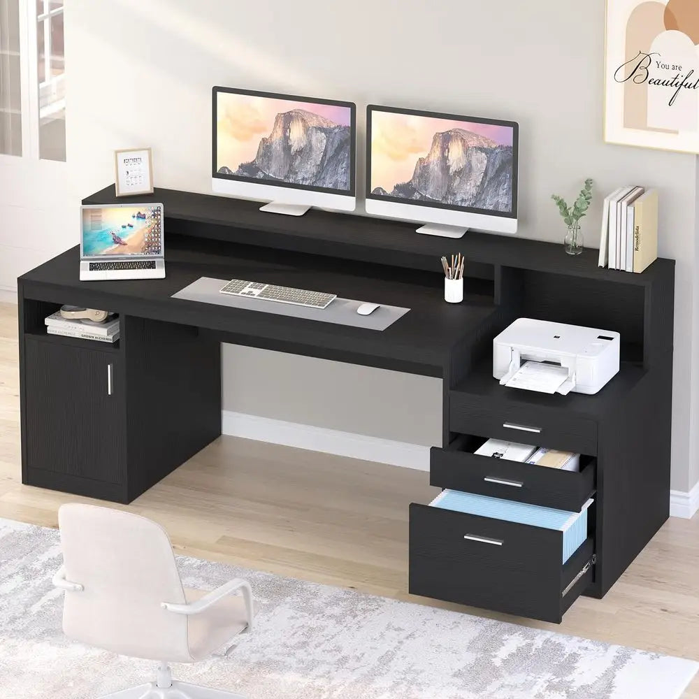 Computer Desk with 3 Drawer amp Storage Shelves, Home Office Desk with File Drawer amp Cabinet, Writing Study Table with Long M
