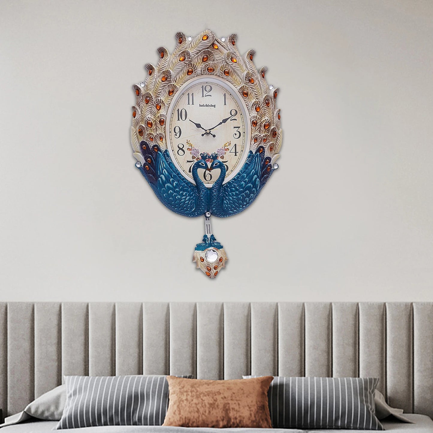 Blue Peacock Wall Clock,Silent Wall-mounted Metal Pendulum Clock 37*60cm with Luxury Crystal for Living Room,Hallways