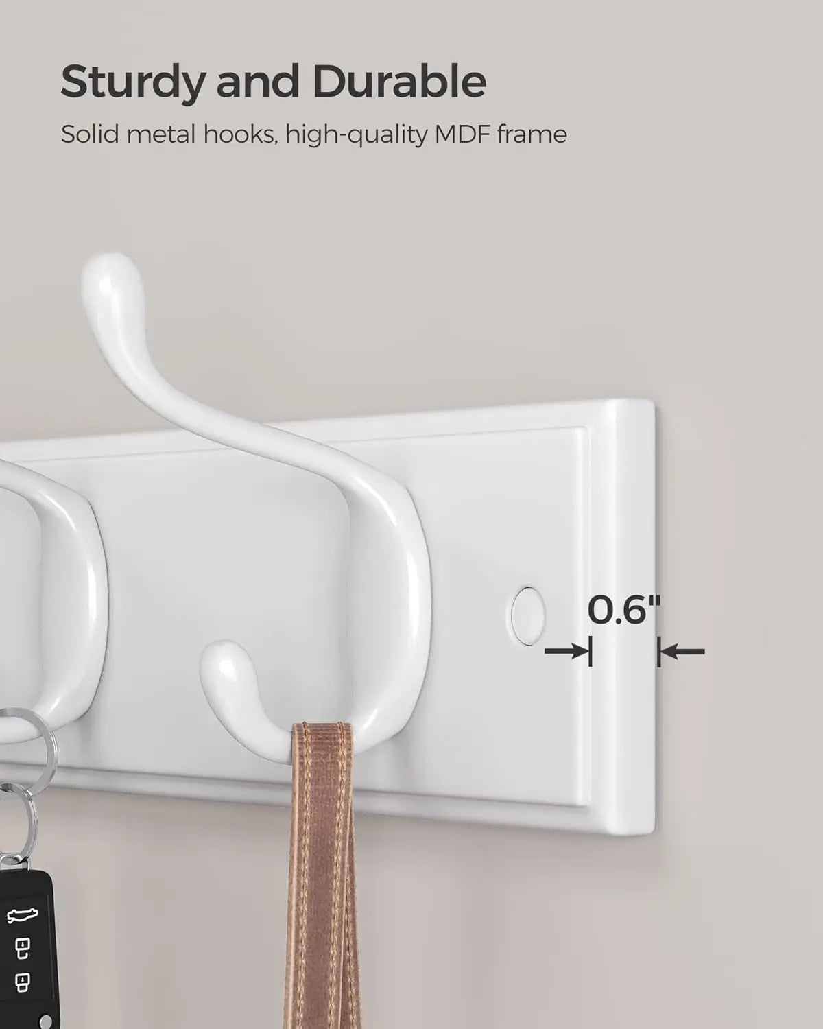 Wall Mounted Coat Rack with 4 Dual Metal Hooks for Entryway Bedroom Living Room Storage White