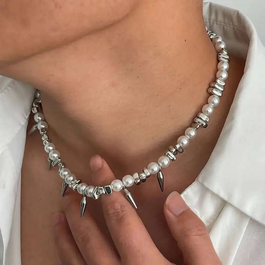 Ingemark Hip Hop Stainless Steel Imitation Pearl Chain Necklace for Men Trend 2025 Goth Rivet Pendant Choker Grunge Jewelry Gift