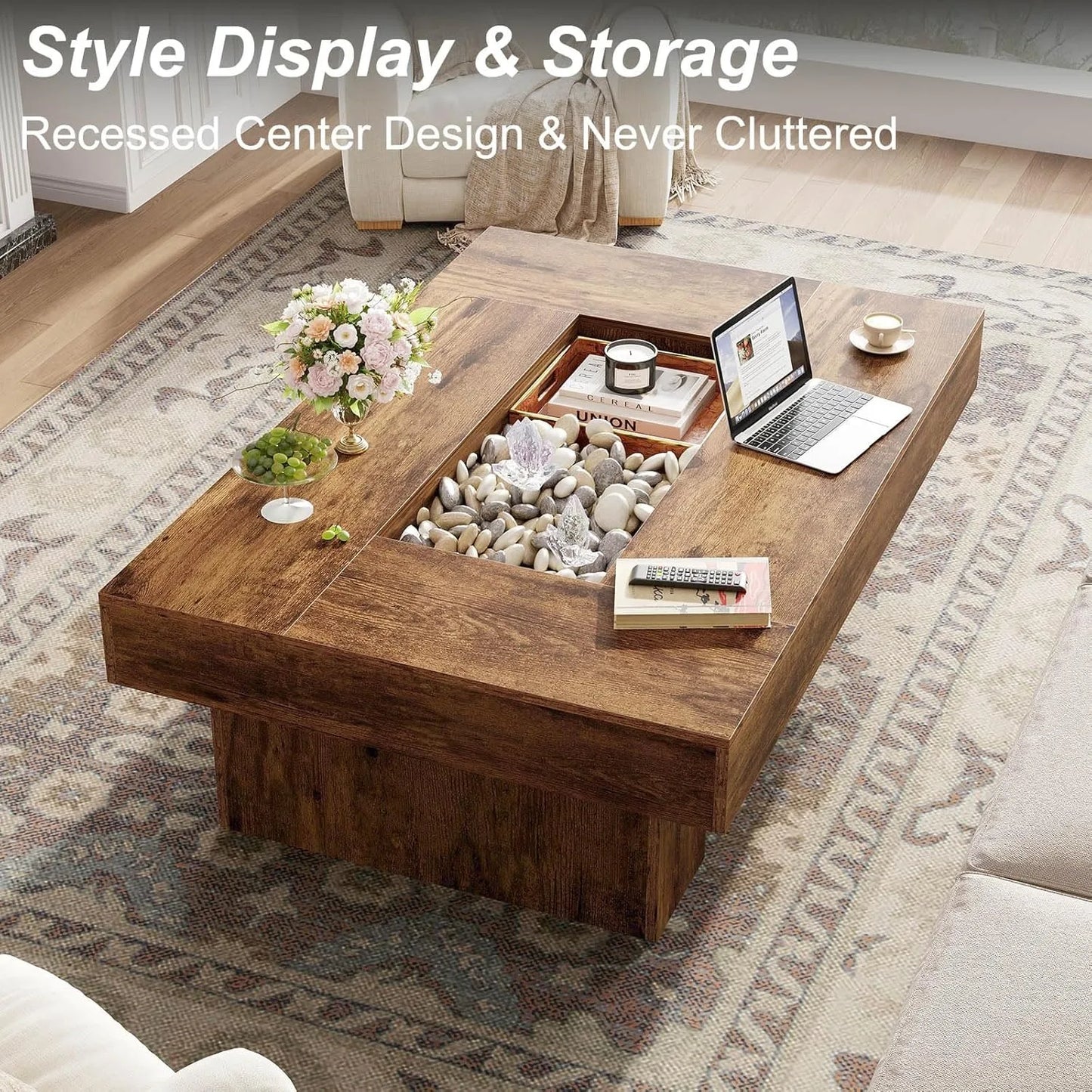 Rustic Large Wood Coffee Table with Storage LED Light Modern Farmhouse Low Wide Rectangle for Living Room Office 47 Inch