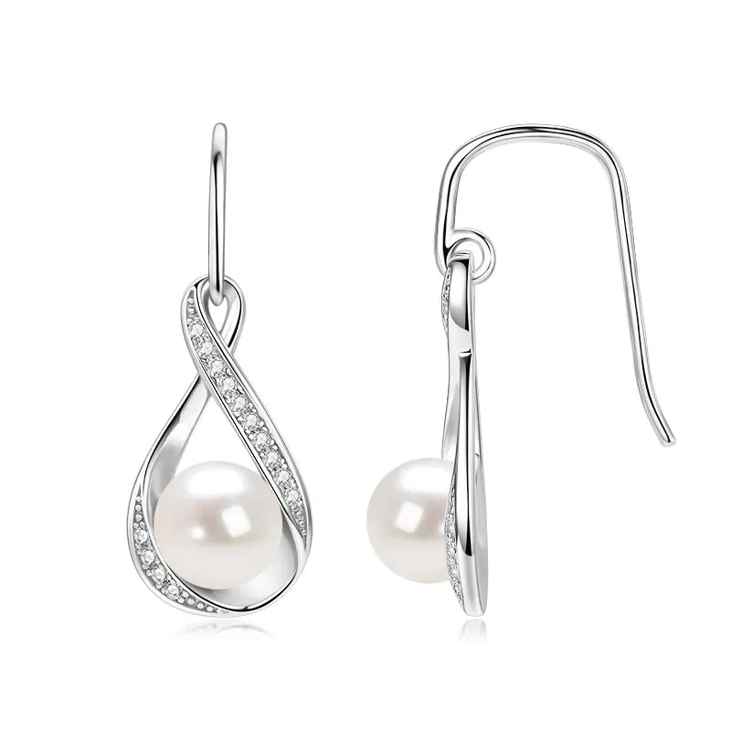 OXTAO Infinity D Moissanite Dangle Hook Earrings for Women 8mm Natural Freshwater Pearl Earrings Wedding Jewelry Gift 14K Gold Filled