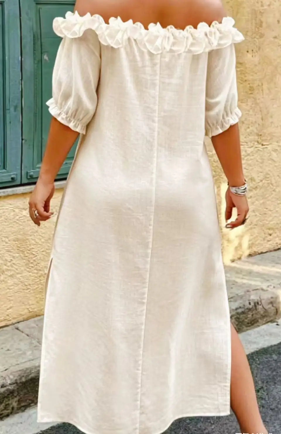Plus Size Women's Slouchy Slimming Beach Vacation Dress, Off-Shoulder Puff Sleeve Loose Hem Slit Dress