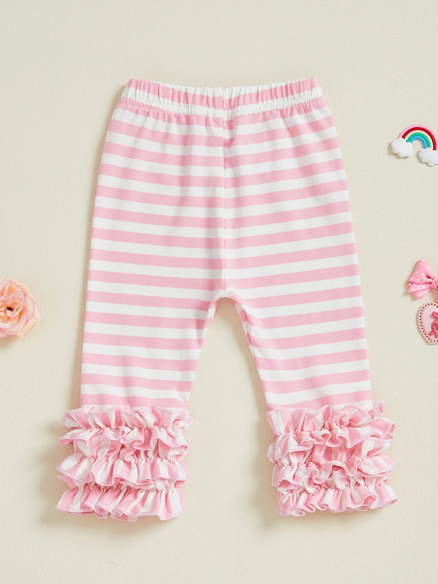 Toddler Girls Striped Leggings Elastic Waist Frills  Fit Fall Long Trousers for Casual Daily