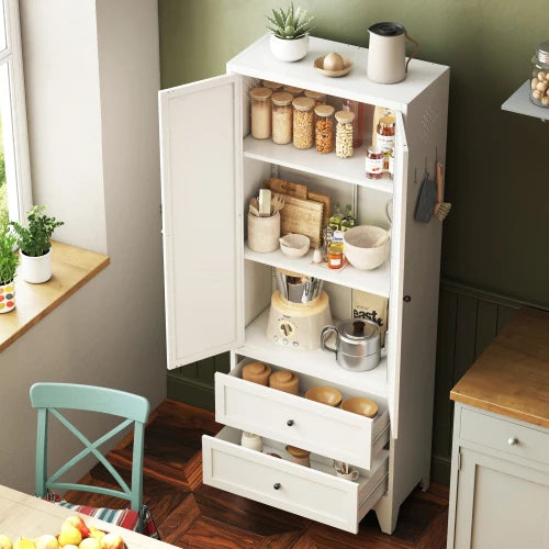 72 Inch White Steel Pantry Cabinet With 2 Drawers And Adjustable Shelves
