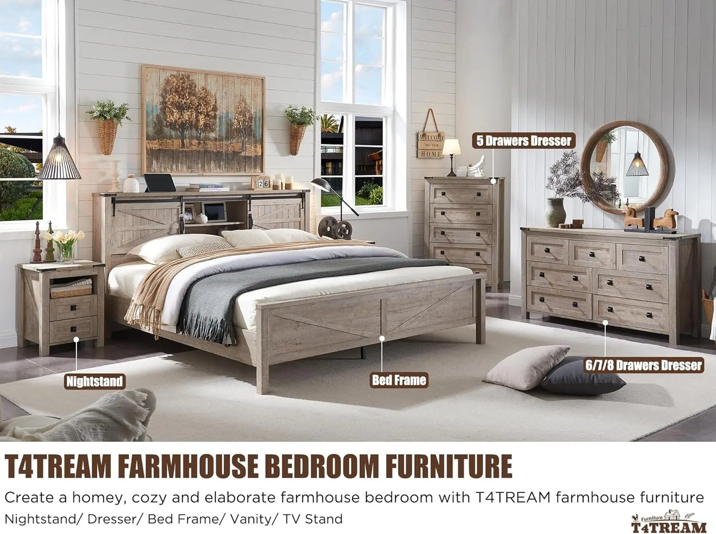 Farmhouse 5 Drawers Dresser Chests for Bedroom, Wood Rustic Tall Chset of Drawers,Dressers Organizer for Bedroom