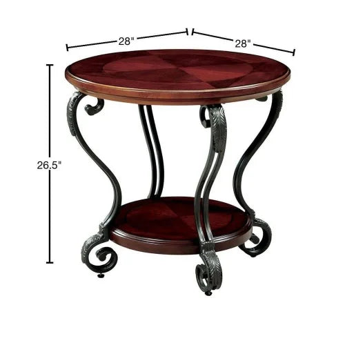 Traditional Brown Cherry End Table with Open Shelf and Ornate Scroll Legs