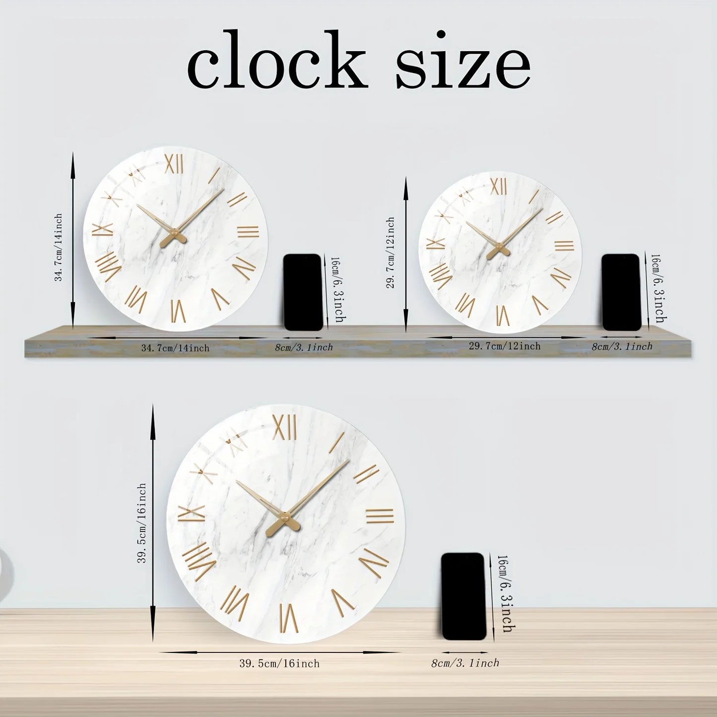 12-16 Inch Modern Marble Texture Tempered Glass Large Wall Clock - Battery Operated, Handcrafted Silent Non-Ticking Clock, Suita