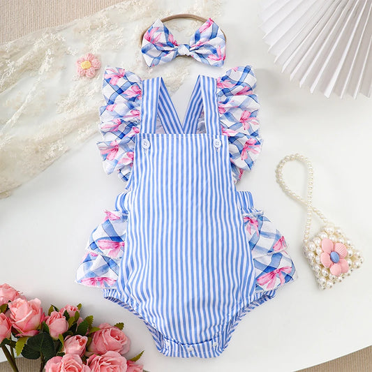 Adorable Toddler Girls American Flag Romper with Bow Detail and Matching Headband Set for Summer Outfits and Photoshoots