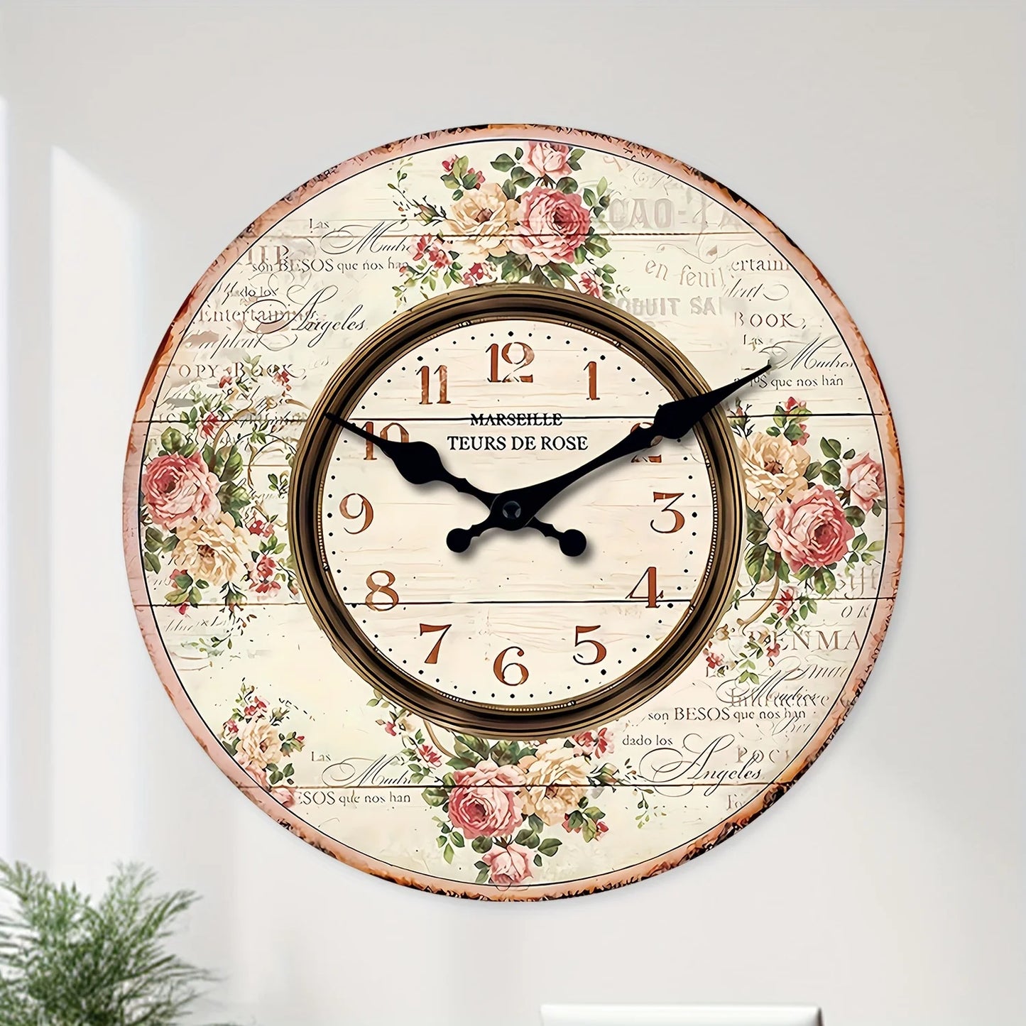A French Romantic Wooden Teaching Wall Clock, French Marseille Rose Bouquet Design Wall Clock, Silent Silent Quartz Clock, Room