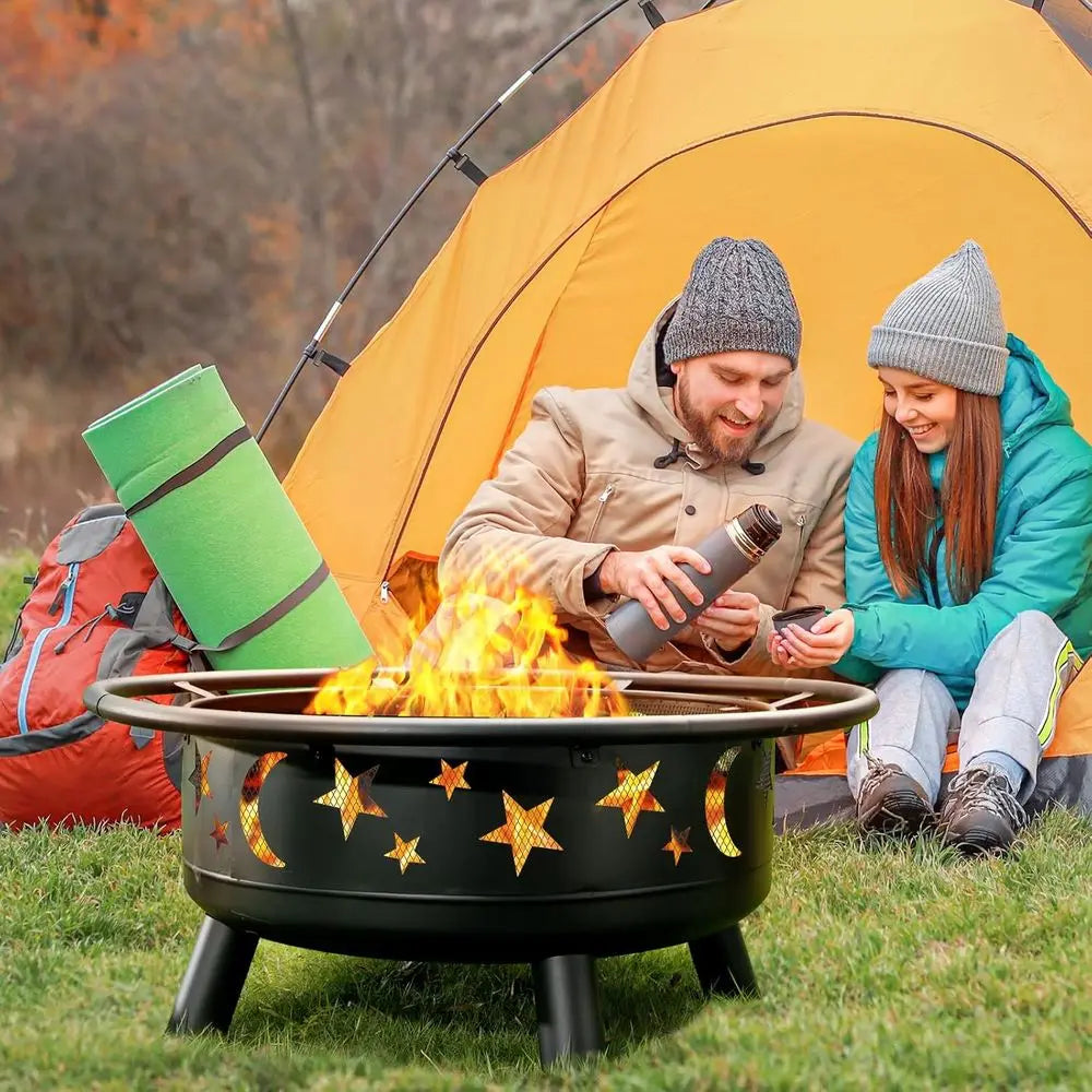 32 Inch Round Fire Pit with Mesh Cover, Fire Poker, Star and Moon Design, Metal Wood Burning Outdoor Fire Pit for Patio, Backyar