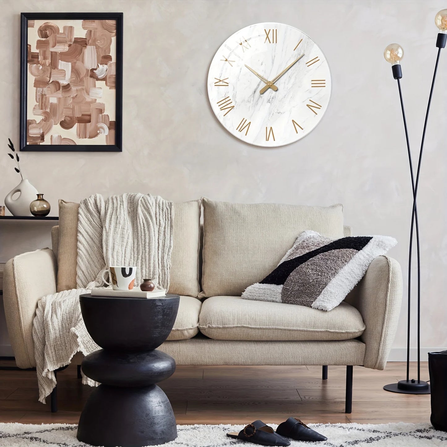 12-16 Inch Modern Marble Texture Tempered Glass Large Wall Clock - Battery Operated, Handcrafted Silent Non-Ticking Clock, Suita