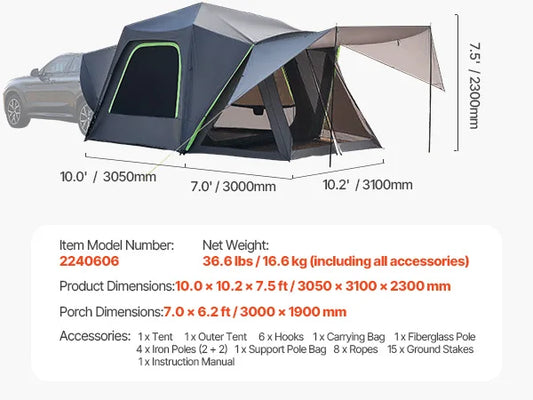 VEVOR SUV Tent for Camping Waterproof PU2000mm Spacious Double Layer Design SUV Camping Tent with Shade Awning and Mesh Windows
