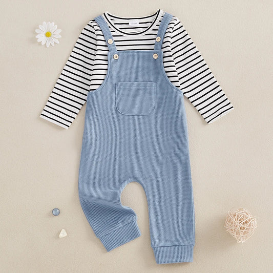 Boys 2-Piece Set Striped Long Sleeve Tee with Suspender Pants Fall Outfit for Kids
