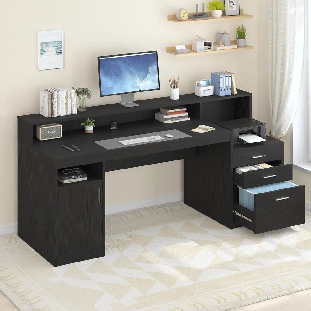 Computer Desk with 3 Drawer amp Storage Shelves, Home Office Desk with File Drawer amp Cabinet, Writing Study Table with Long M
