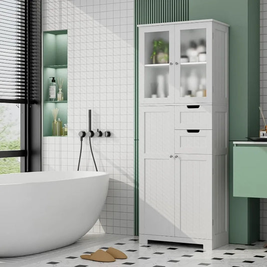 67'' Tall Storage Cabinet, Bathroom Storage Cabinet with Frosted Glass Doors and Wood Drawers, Kitchen Pantry White