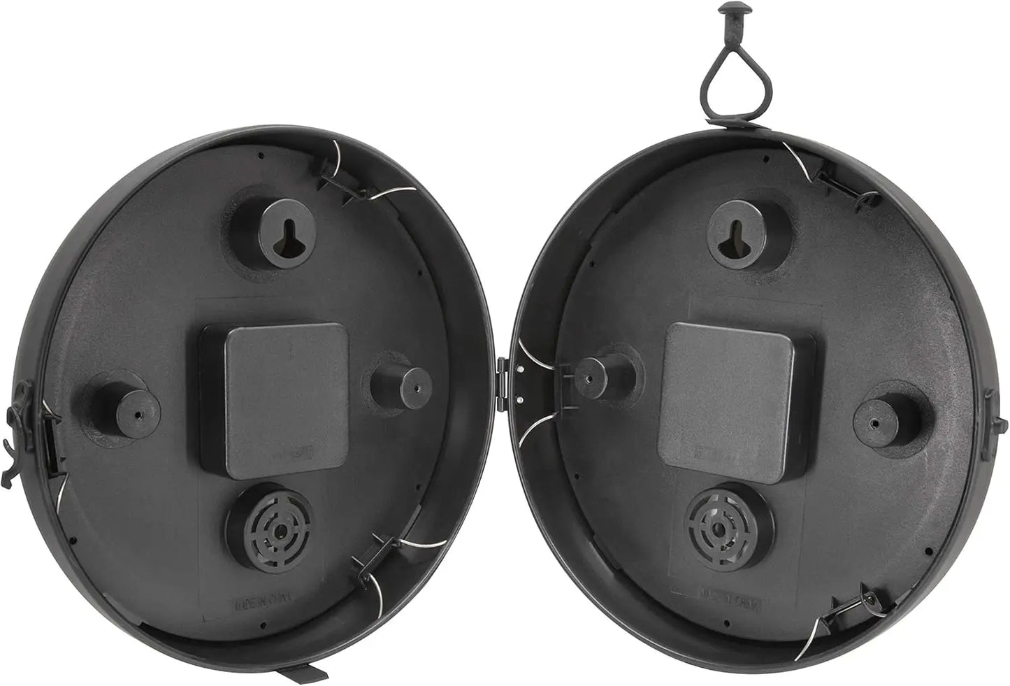 Double-Sided Indoor/Outdoor Hanging Clock with Thermometer, 360° Spin, Silent Quartz Movement, Black Metal Frame