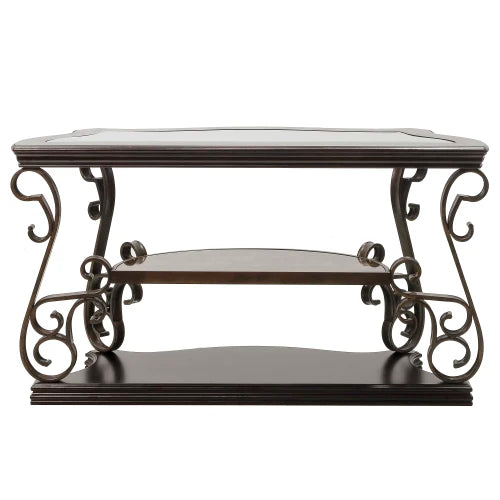 Traditional Glass Top Sofa Table With Marble Look Shelf And Metal Legs