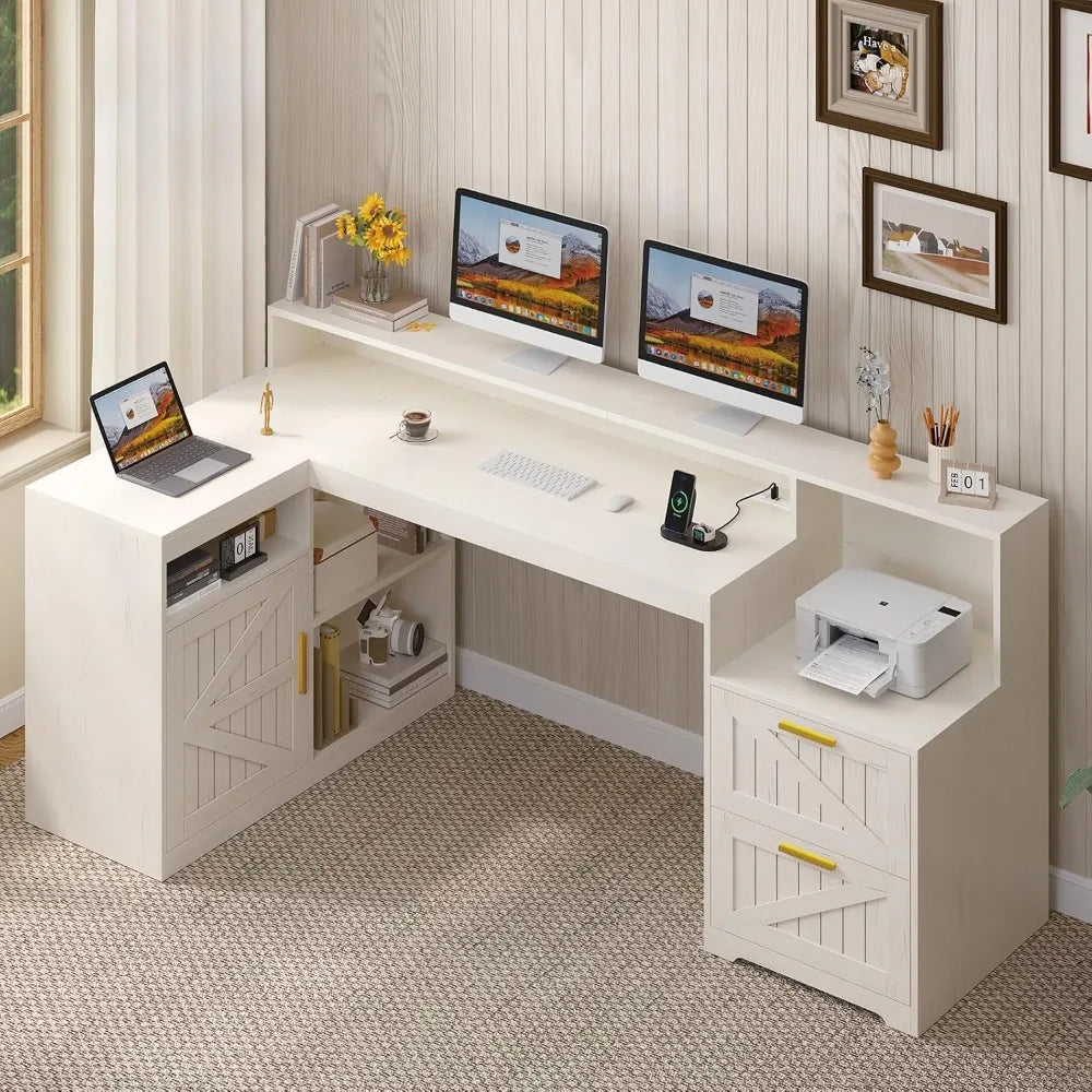 62.2" Farmhouse L Shaped Home Office Desk, Drawers, Storage Shelves & Power Outlet, Custom
