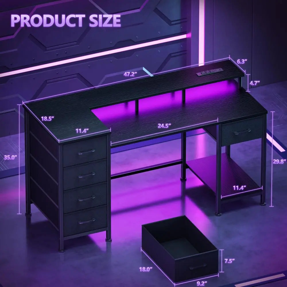 47 Inch L Shaped Gaming Desk With LED Lights Power Outlets And 5 Fabric Drawers