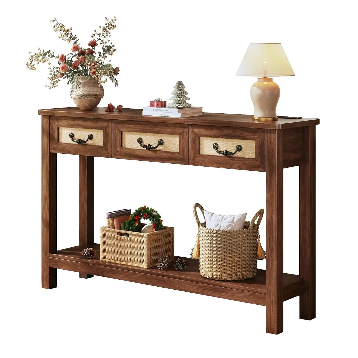 47.2" Console Table with 3 Rattan Drawers, Long Sofa Table with Storage Behind Couch, Farmhouse Entryway Table with, Customized