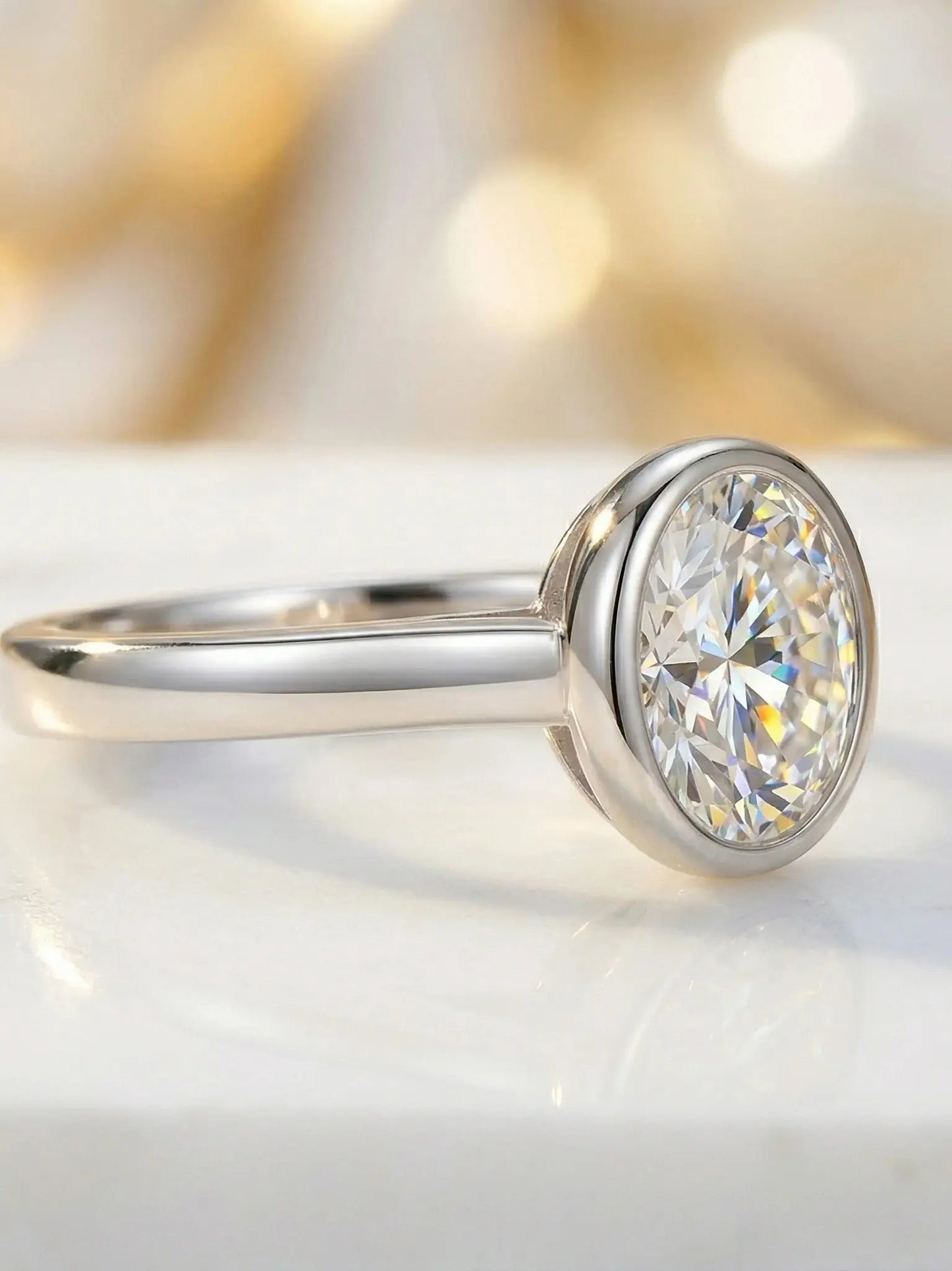 Classic Oval Moissanite Solitaire Ring, S925 Sterling Silver Bezel Band, D Color VVS1 Moissanite Ring