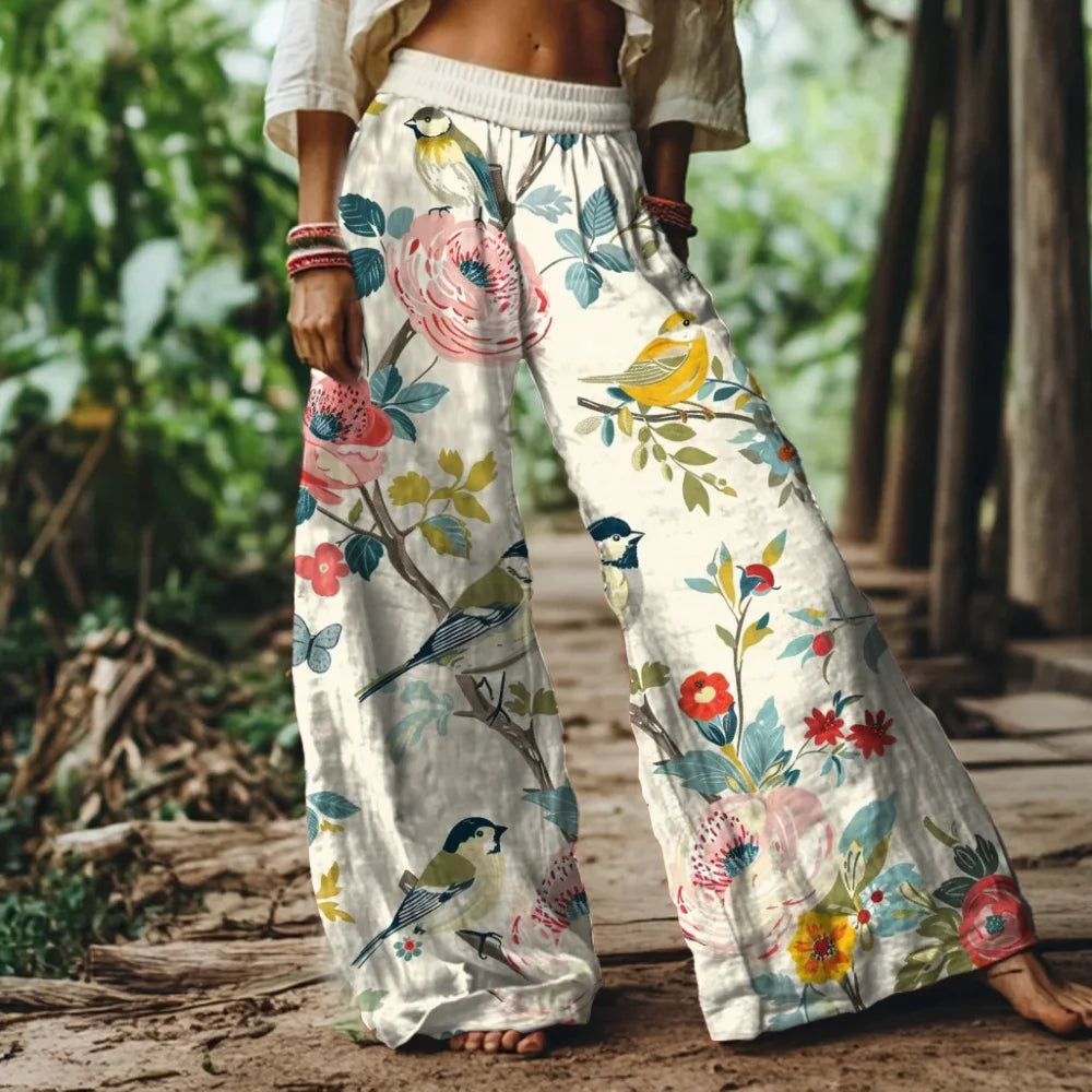 Eclectic Grandpa Floral Bird Pattern Wide Leg Pants Soft Silk Palazzo Trousers, Summer Beach Tropical Vacation Outfits