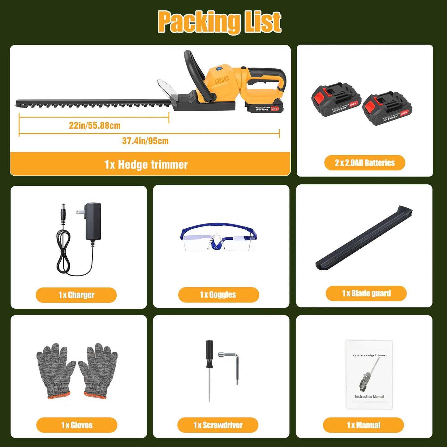 22-Inch Cordless Hedge Trimmer Lawn Mower –24000r/min Portable Hedge Cutter with 4000mAh Batteries for Lawn Garden Yard Tools