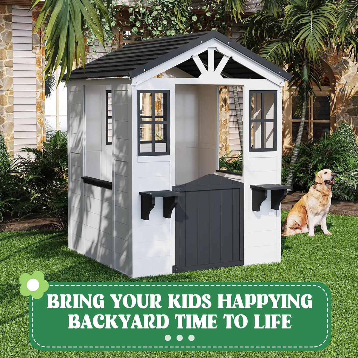 Fir Wood Kids Outdoor Playhouse With Pretend Kitchen and Flower Boxes