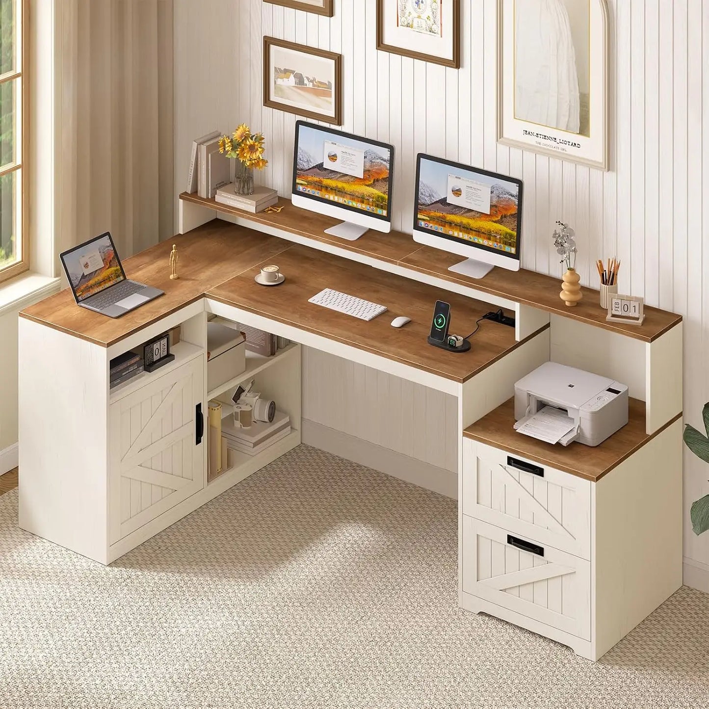 62.2" Farmhouse L Shaped Home Office Desk, Drawers, Storage Shelves & Power Outlet, Custom