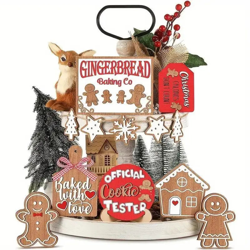 12-Piece Wooden Christmas Tiered Tray Set: Featuring Colorful Snowmen, Gingerbread, and Santa Signs for Festive Cheer