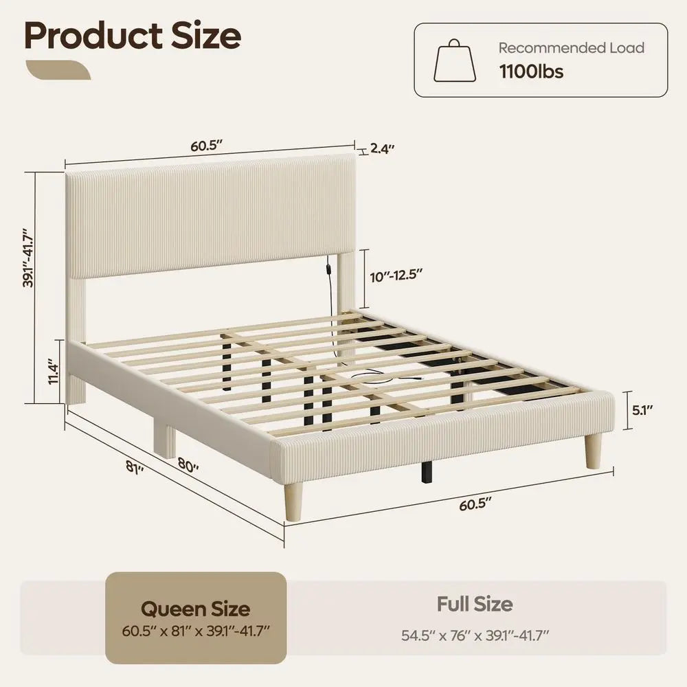 Queen Upholstered Bed Frame With LED Headboard Beige Easy Assembly No Squeak