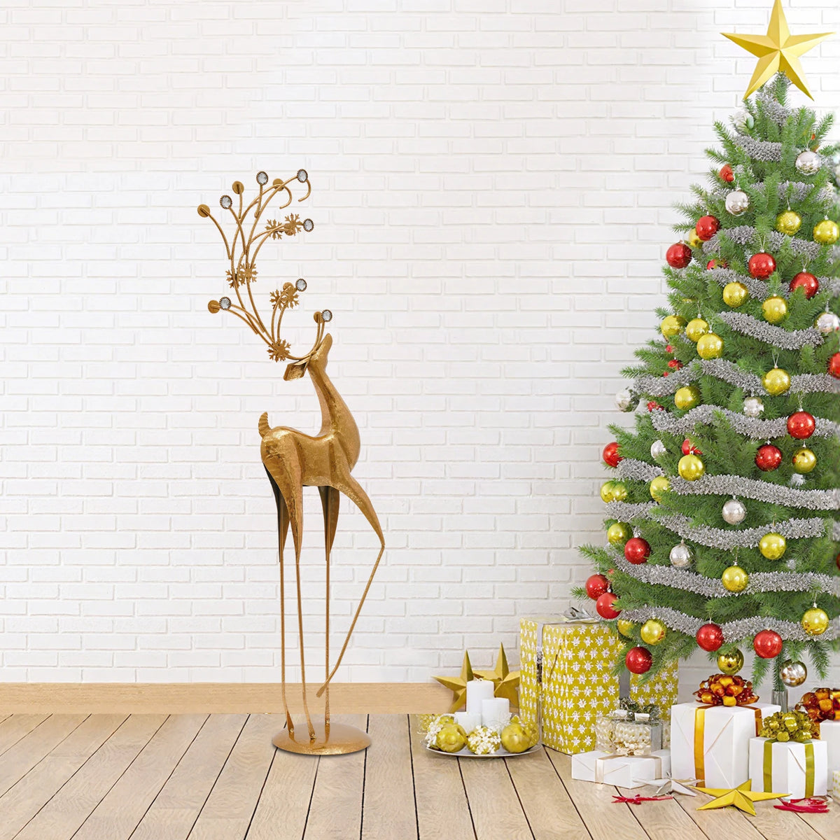 Retro Gold Metal Deer Statue Reindeer Figurine Indoor Holiday Decor