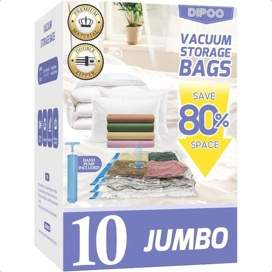 10 Pack Jumbo Vacuum Storage Bags with Hand Pump 80 Storage Space Saving Sturdy LeakFree Space Saver Vacuum Seal Bags for Cloth