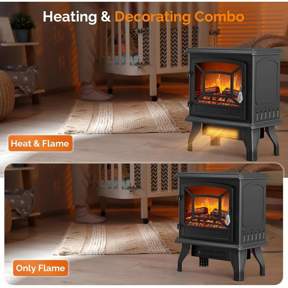 ROVSUN 20 H Electric Fireplace Stove Space Heater, 1400W Portable Freestanding with Thermostat, Realistic Flame Logs, Overheat &