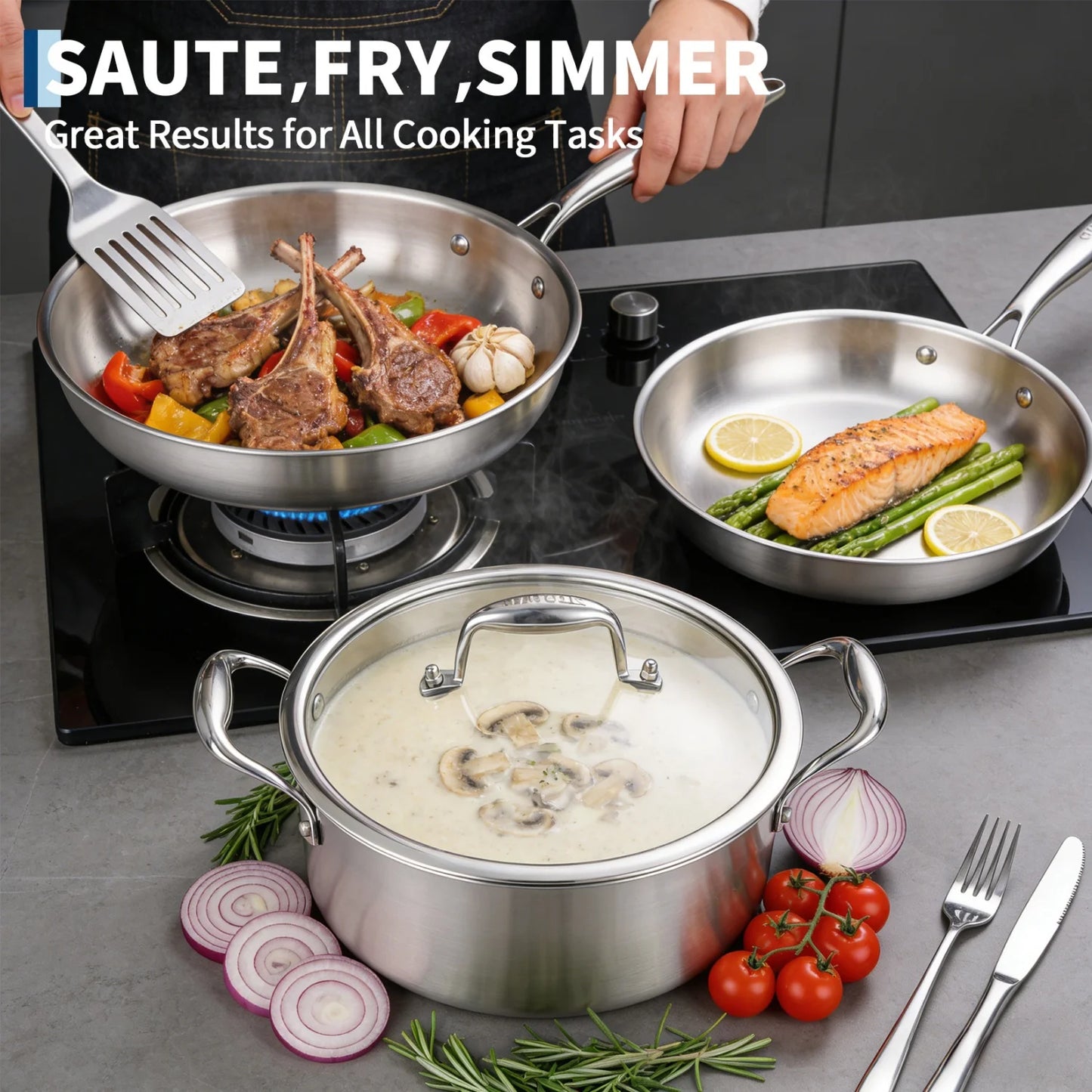 3 Ply Stainless Steel 11-Piece Cookware Set with Lids, Pots and Pans Kitchen Set,Frying Pans, Saute Pan & Stock Pot