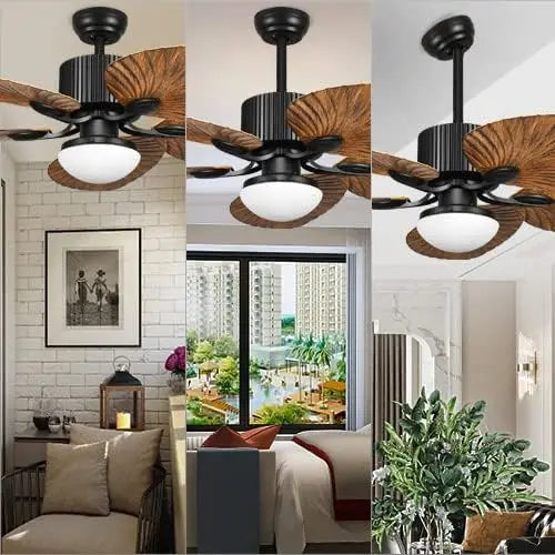 Tropical Ceiling Fan with LED Light and Remote Control 52 Inch Palm Reversible Fan with Memory Function 5 Leaf Blades- Walnut
