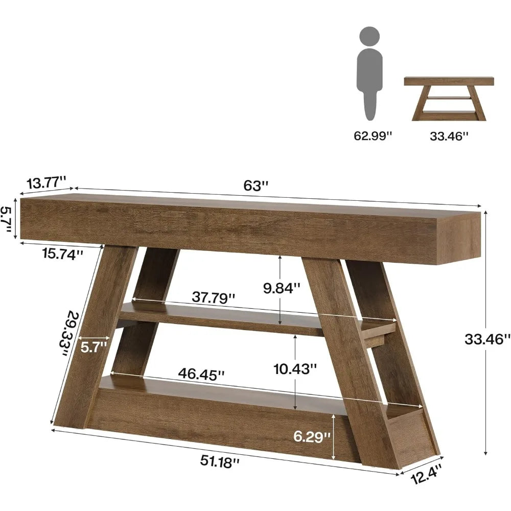 63-Inch Rustic Wooden Console Table with Storage for Entryway and Living Room Sofa Area