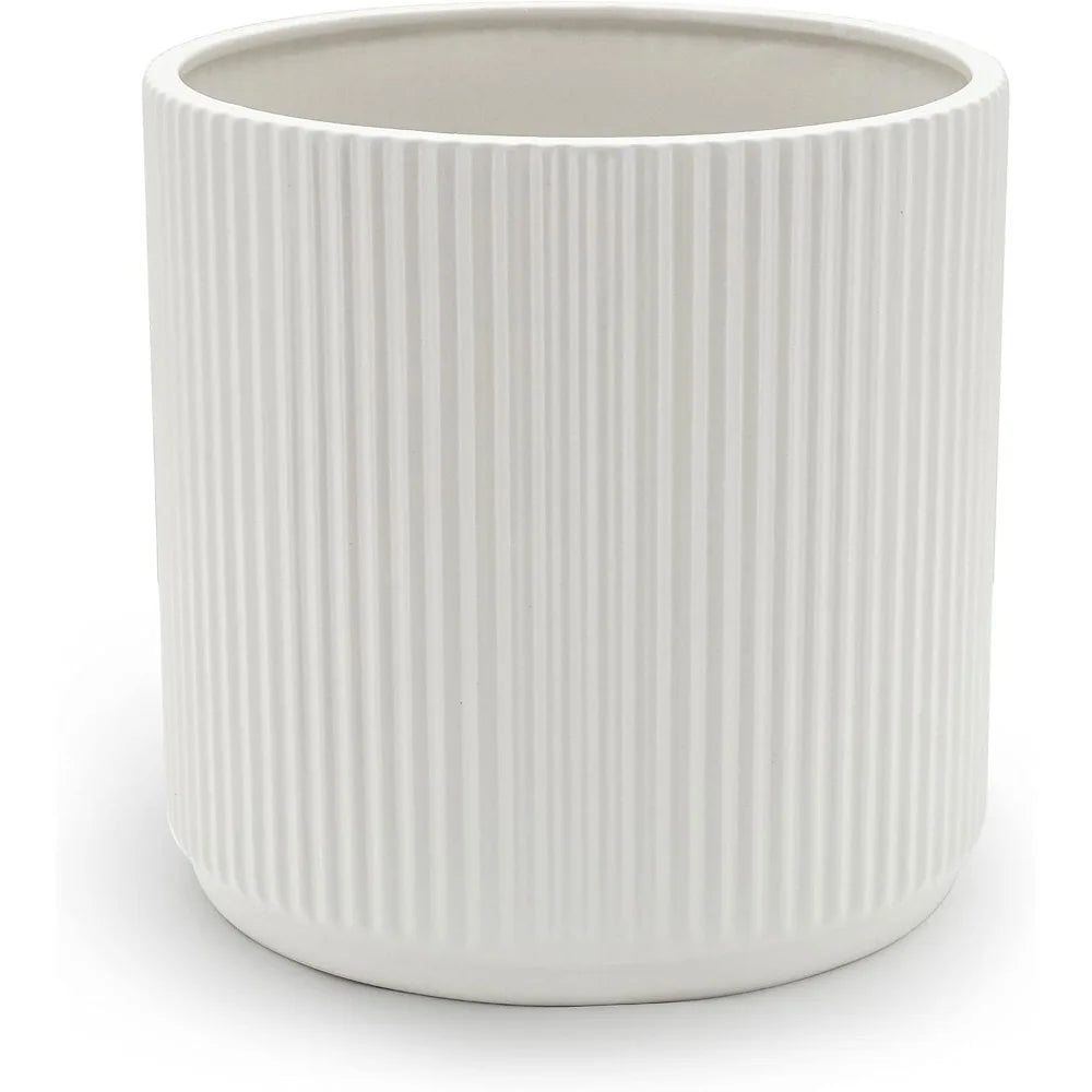 Fluted Ceramic Round Planter with Drainage Hole Indoor Outdoor Flower Pot 10 inch White