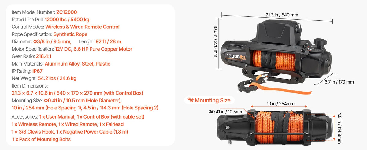 SucceBuy 10000 12000 13500 Lb 12V Electric Winch With 90 Ft Synthetic Rope