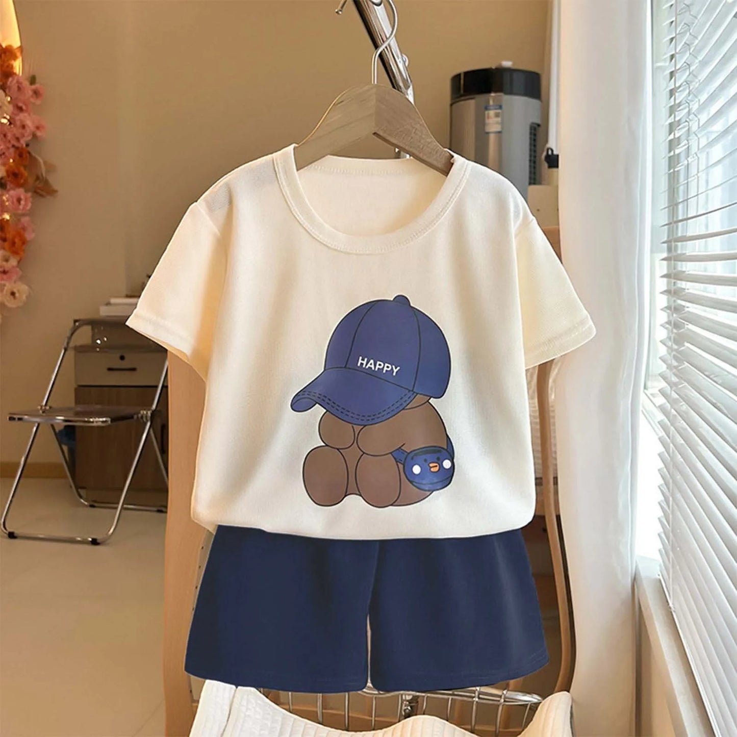 Children Boys 2pcs Tracksuits Cotton Bear Printed Short Sleeves+Shorts Kids Boys Outfits Loose Round Collar Little Boys Tee Suit