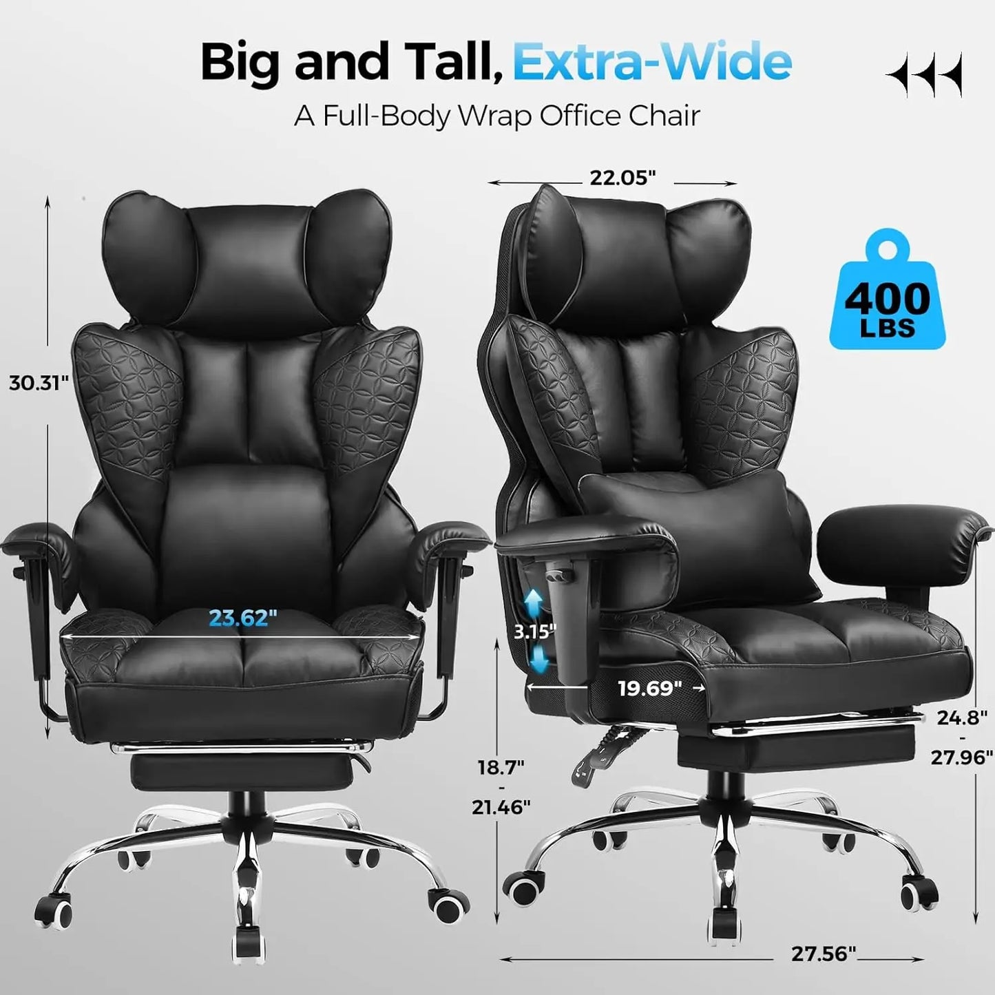 Heavy Duty Gaming Chair 400lbs with Footrest, Ergonomic Wide Seat, Lumbar Support, Earth-Black