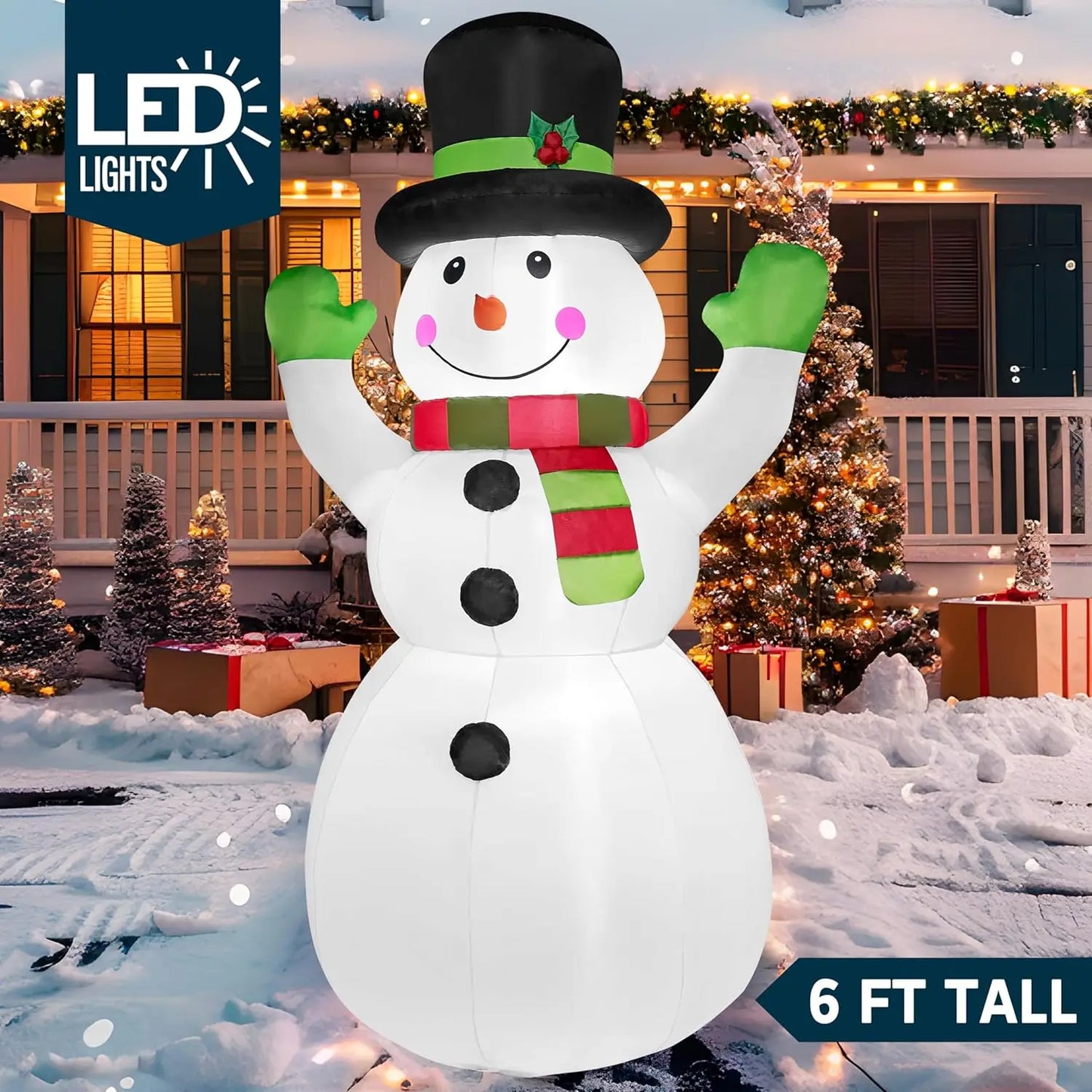 JOYFY 6 FT Long Christmas Inflatable Snowman with Campfire with Built-in LEDs for Xmas Party  Christmas Blow Up Yard Decoration